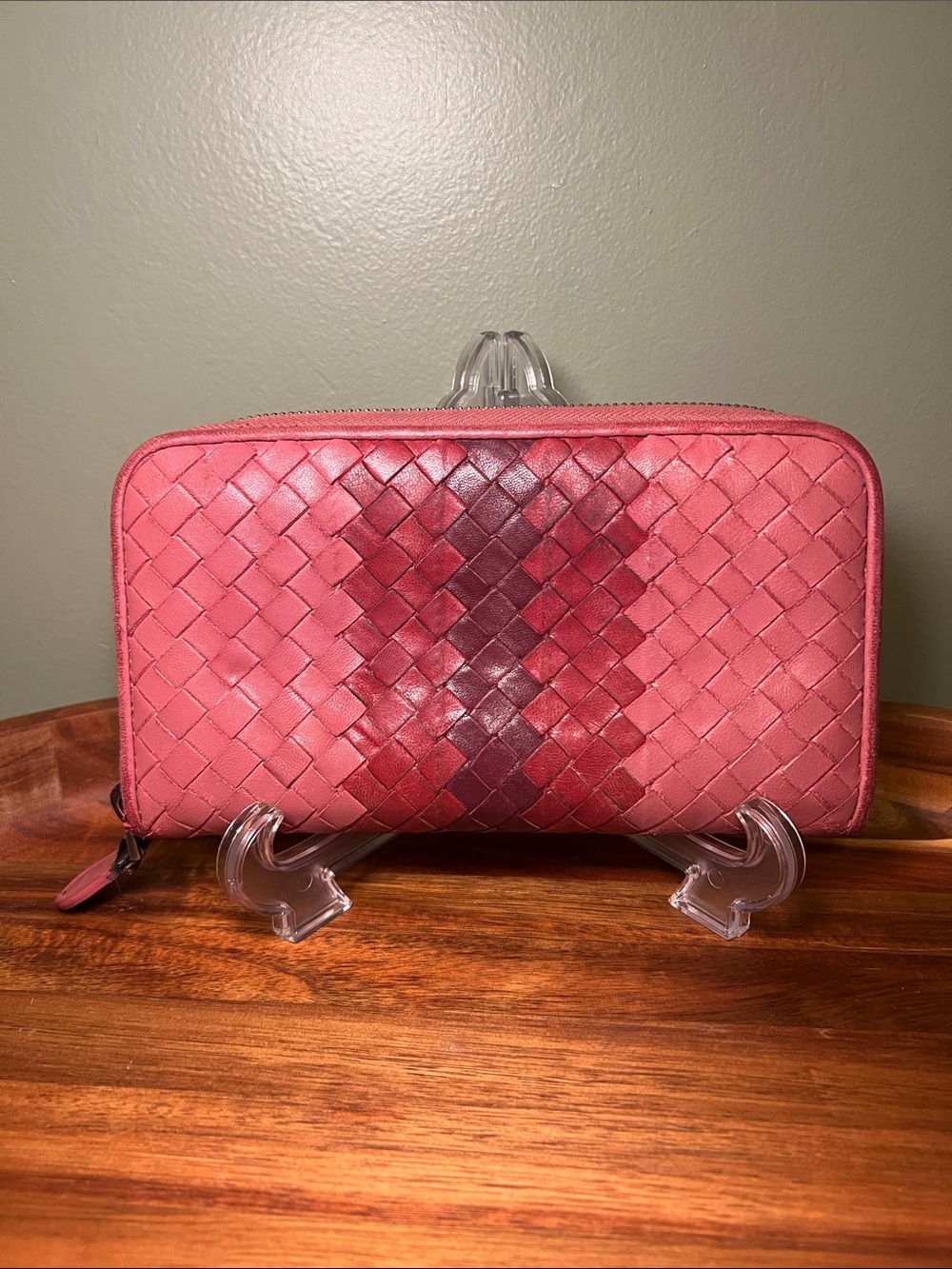 Bottega Veneta Pink Woven Leather Zip-Around Wallet
